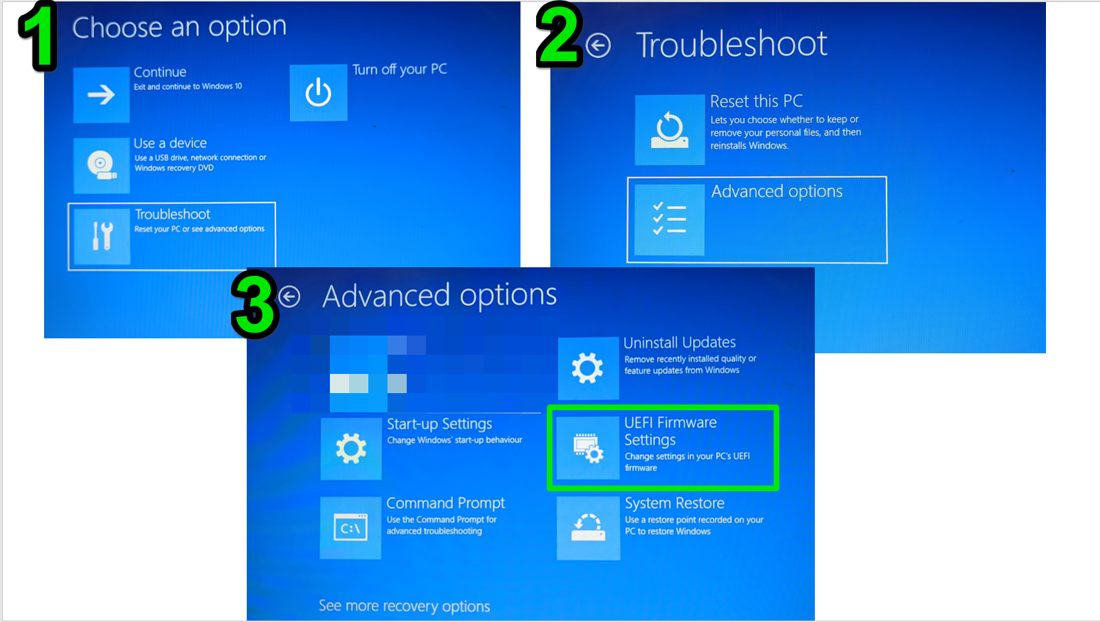 Once the PC restarts into the Windows Recovery Environment, navigate to Troubleshoot > Advanced options > UEFI Firmware Settings > Restart