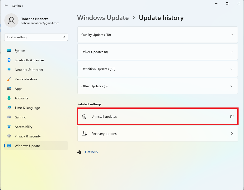 Click on Uninstall updates