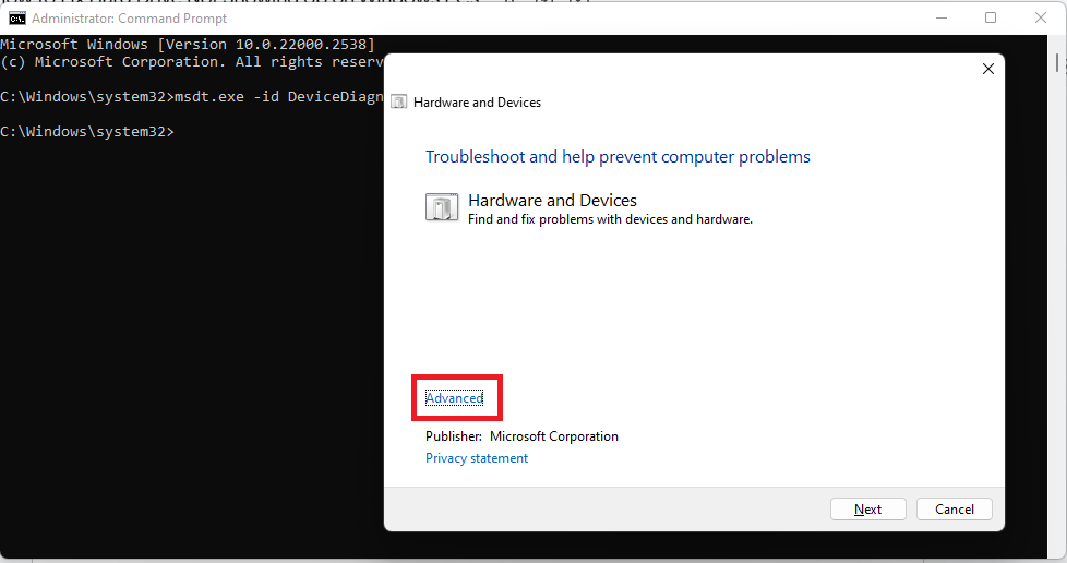 Click on the Advanced link in the Hardware and Devices dialog that opens
