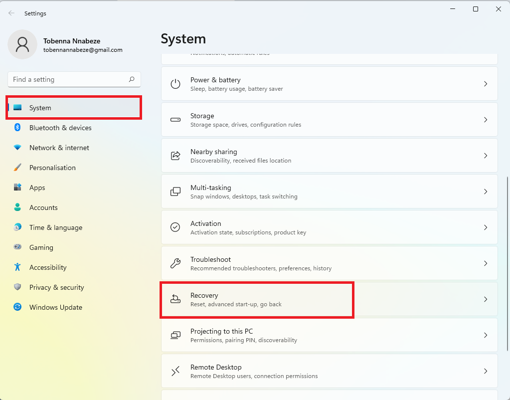 Click on Recovery on the main window