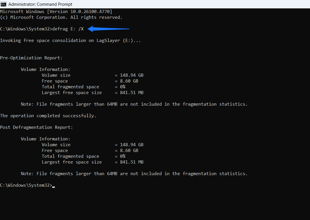 You’ll see a report in the Command Prompt saying “The operation completed successfully” alongside a post-optimization repor
