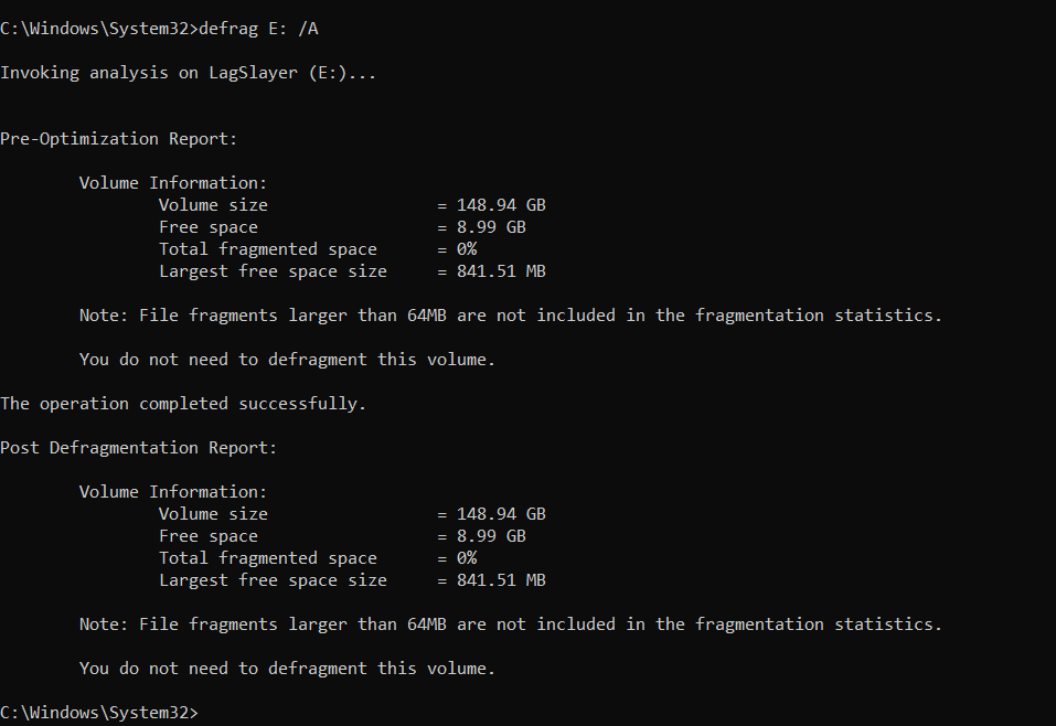 To analyze a drive’s level of fragmentation, type defrag C: /A and hit the Enter key