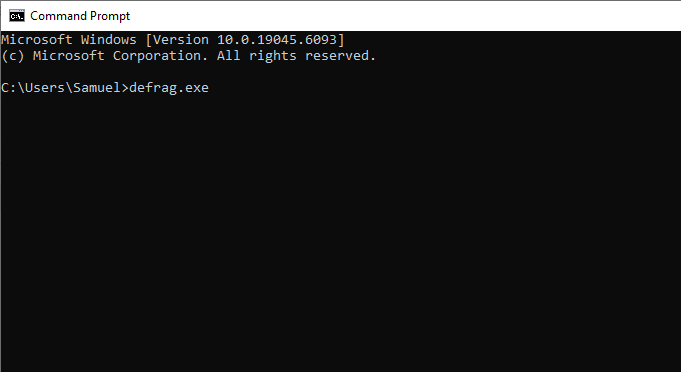 Once the Command Prompt opens, type defrag.exe and hit the Enter button on your keyboard