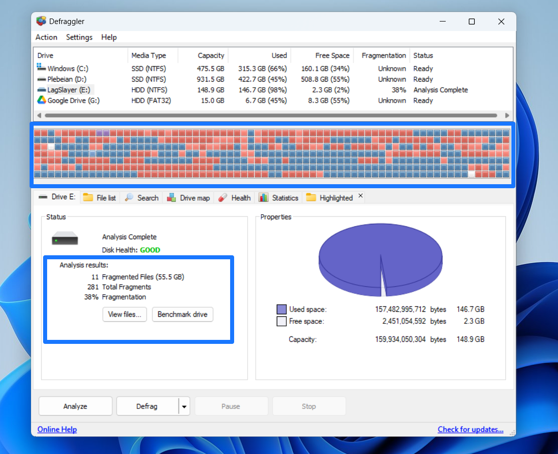 After the analysis completes, you should see your drive’s fragmentation status represented visually and an Analysis results section under the Drive tab