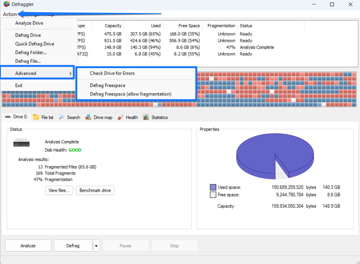 Select Advanced > Defrag Freespace