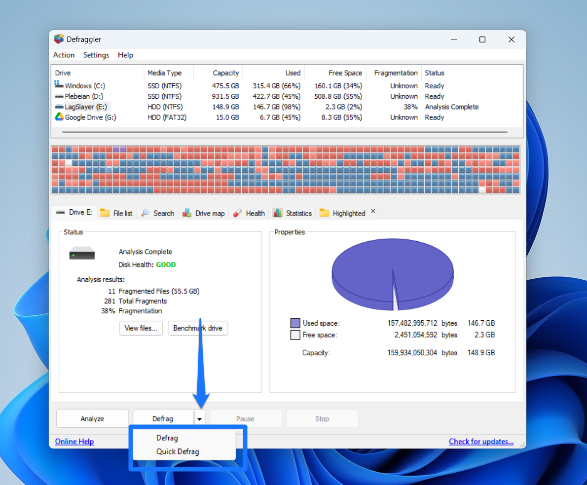 You can also click the arrow button beside Defrag to choose Quick Defrag from the drop-down
