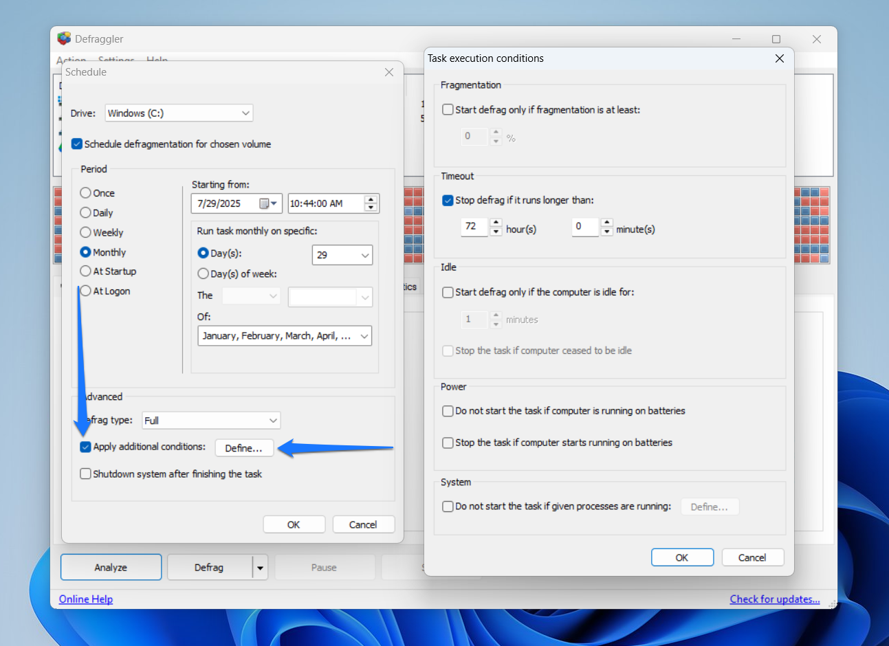 Selecting Apply additional conditions and clicking Define under the Advanced section provides access to more options