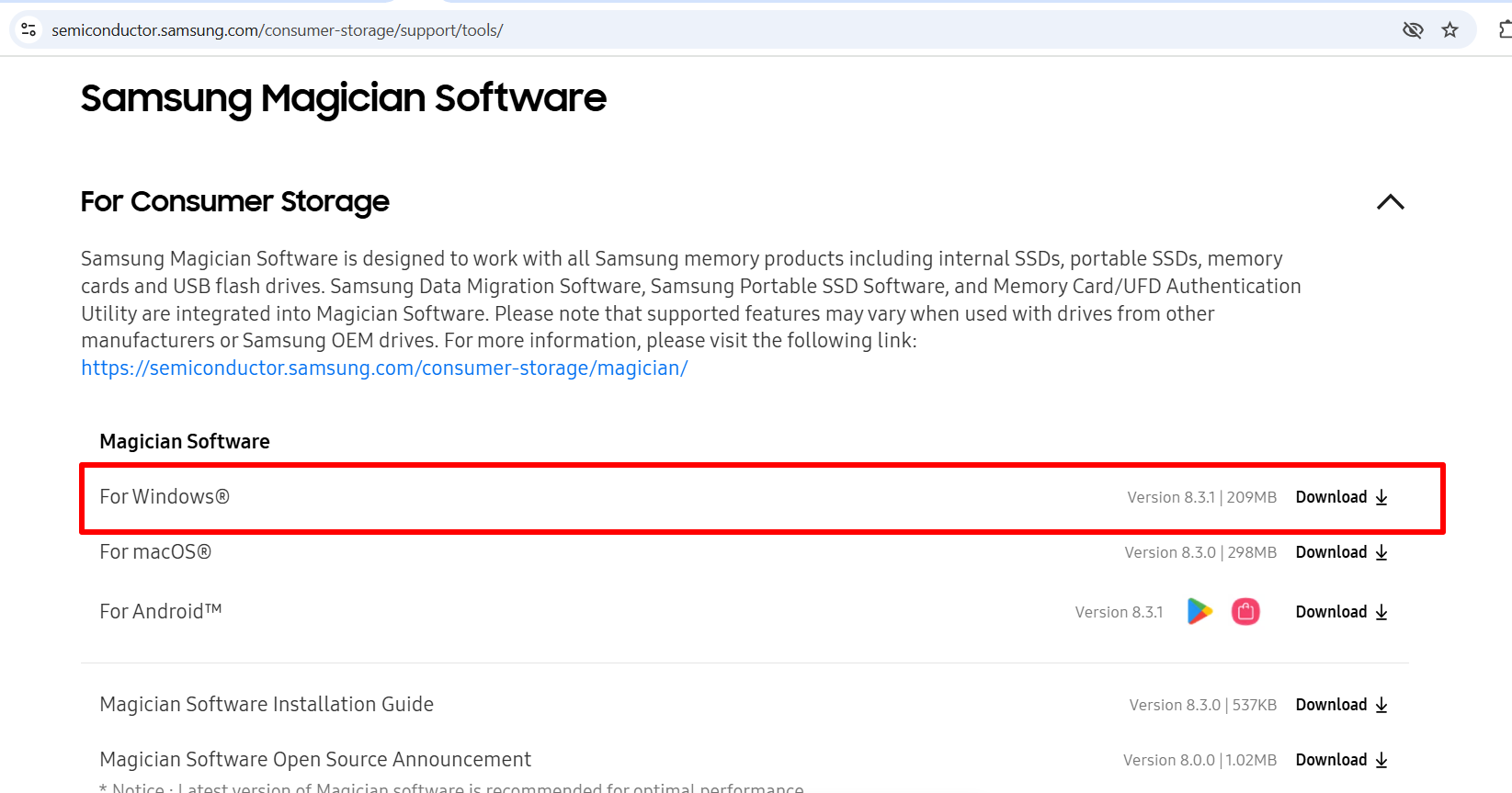 Download and install the latest version of Samsung Magician from the official Samsung Semiconductor website