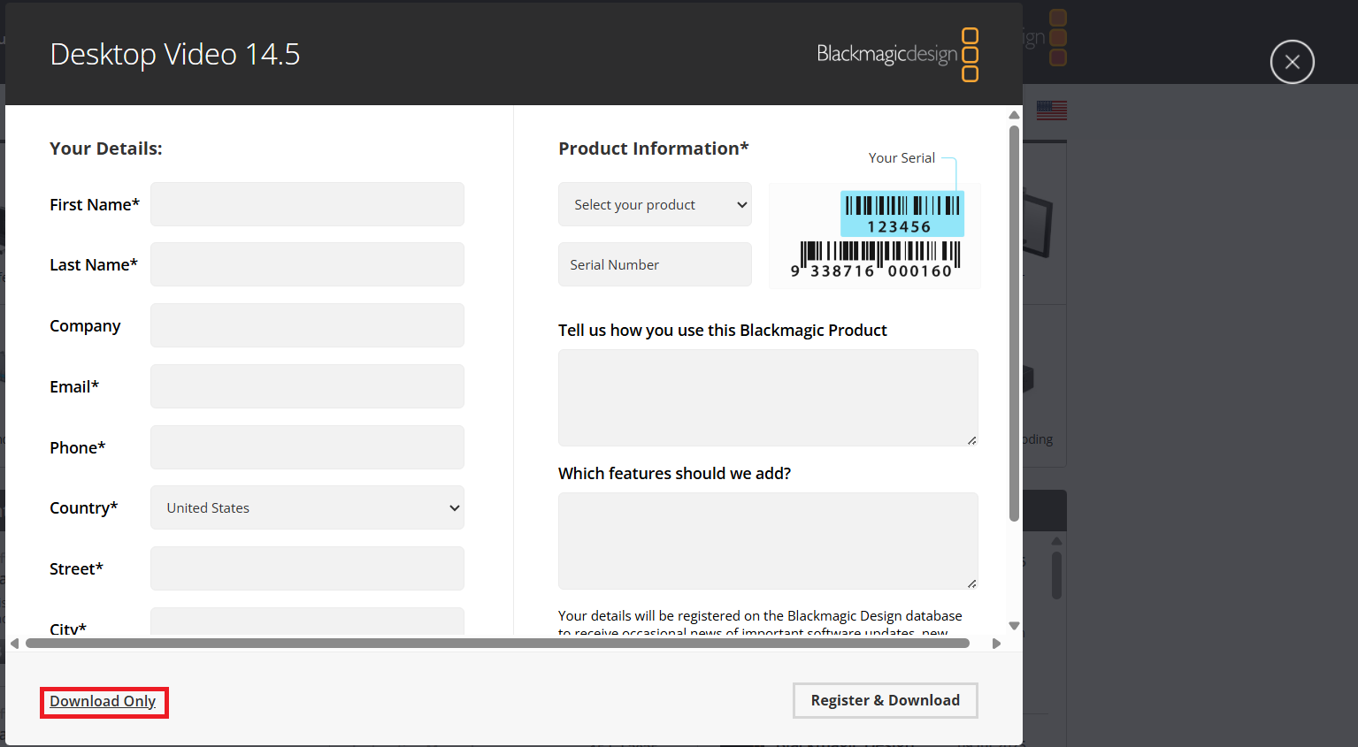 Select the Download Only option in the registration pop-up to proceed directly with the download if you don’t wish to register