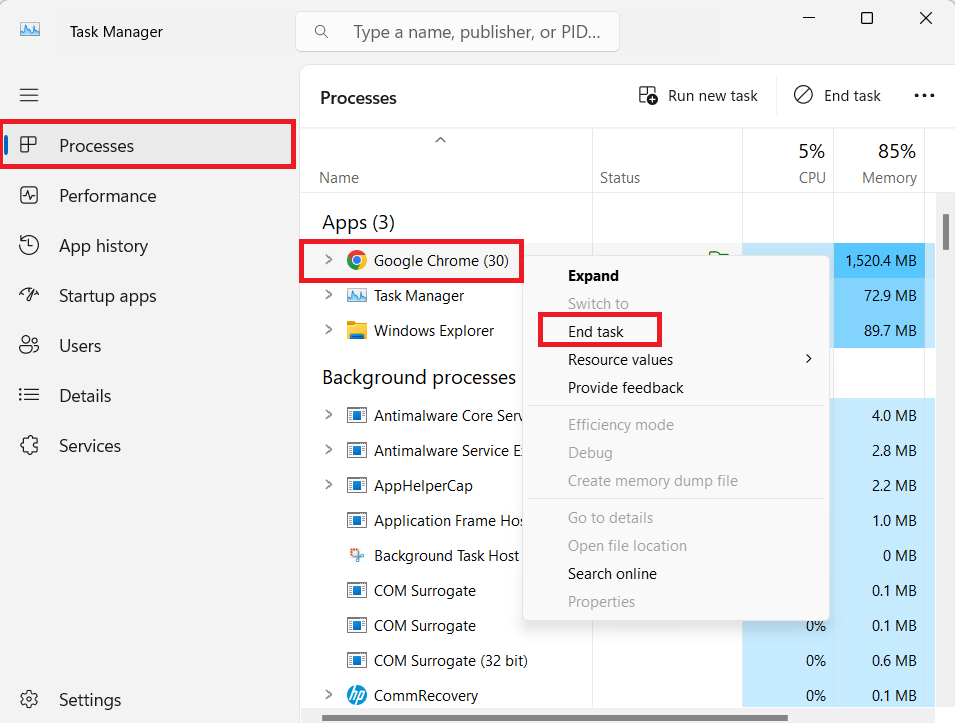 Right-click on each process under Apps, and then click on End Task in the context menu