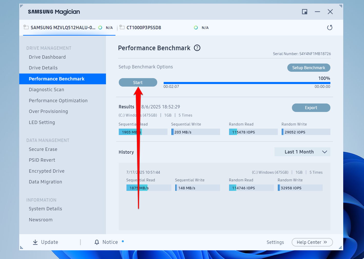 Click the Start button to begin the speed test