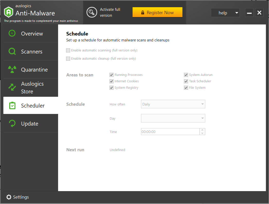 Use the scheduler to set up automatic scans and malware cleanups that will run in the background at the times you specify