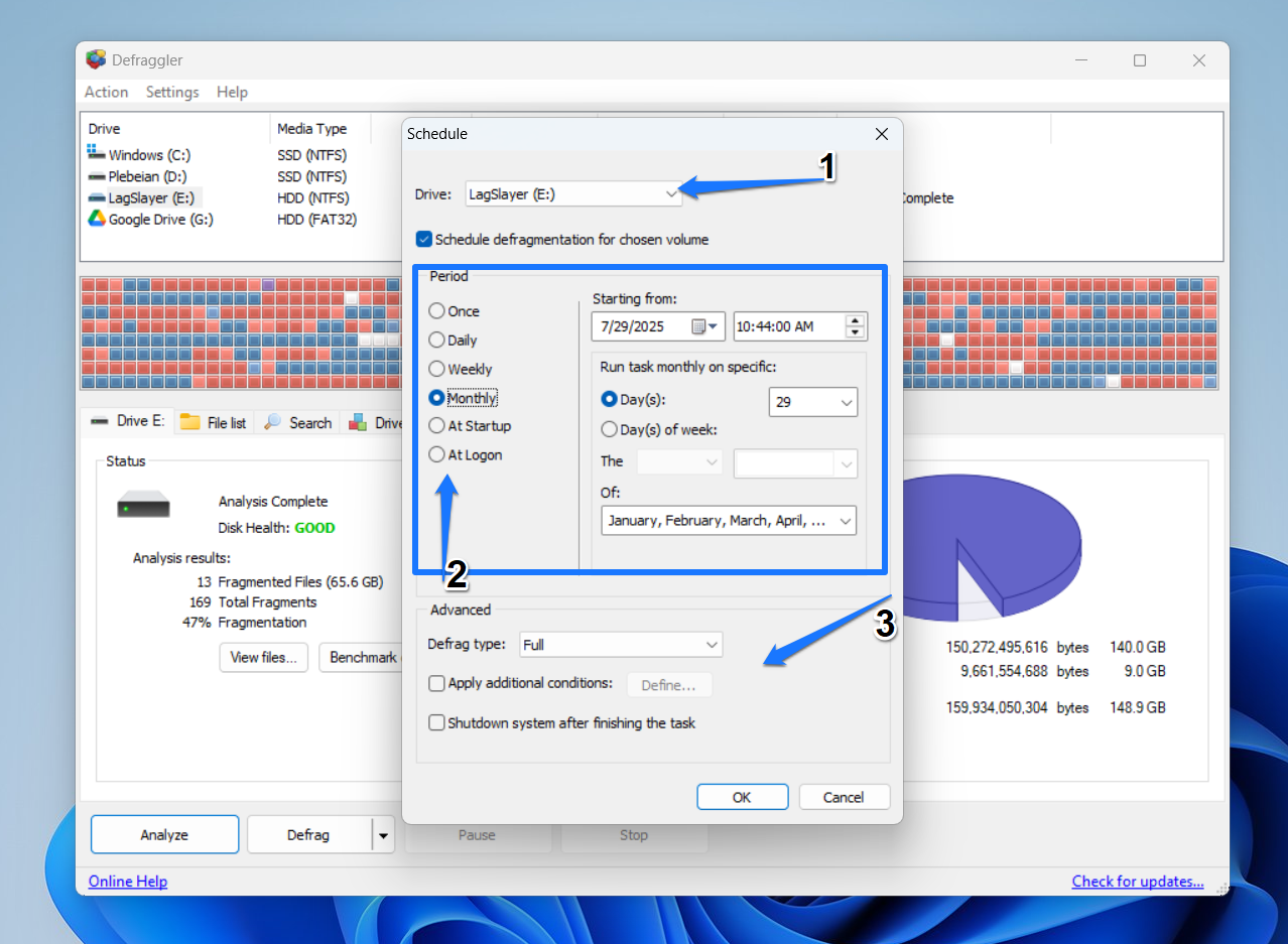 Select the type of defrag (full or quick) under the Advanced section