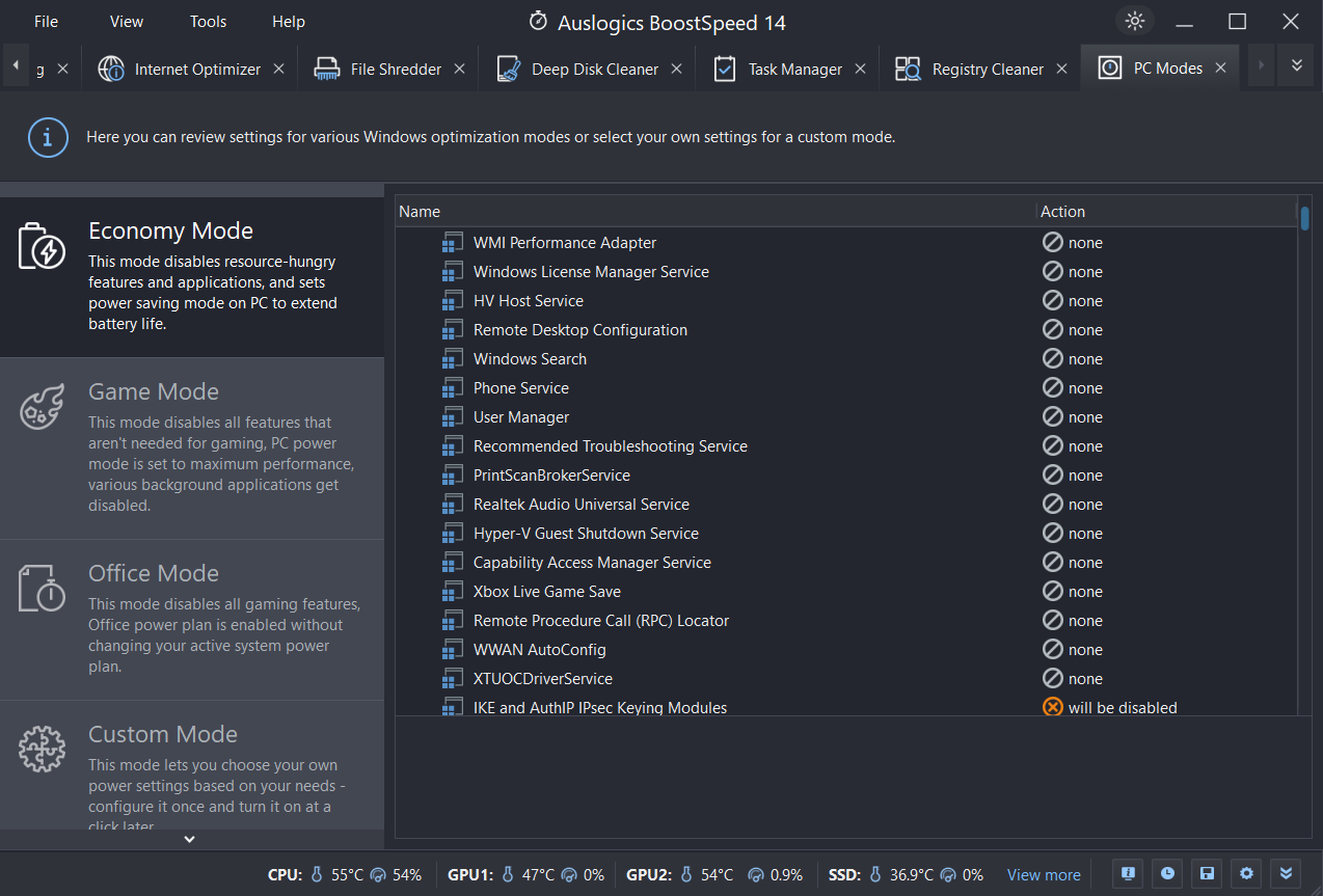 PC Modes Lets you switch between predefined Windows modes