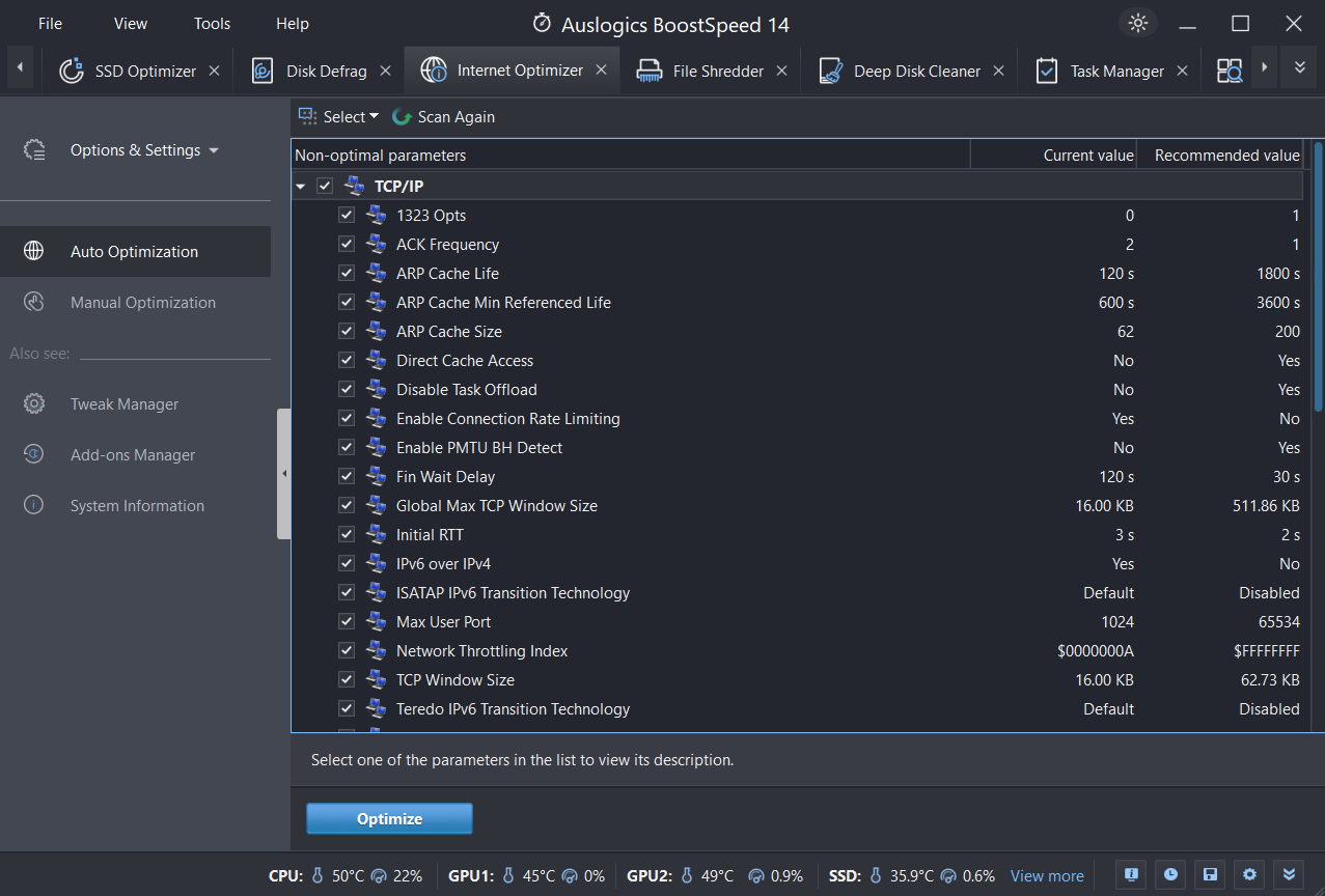 Internet Optimizer Tests and applies the best network parameters tailored to your hardware