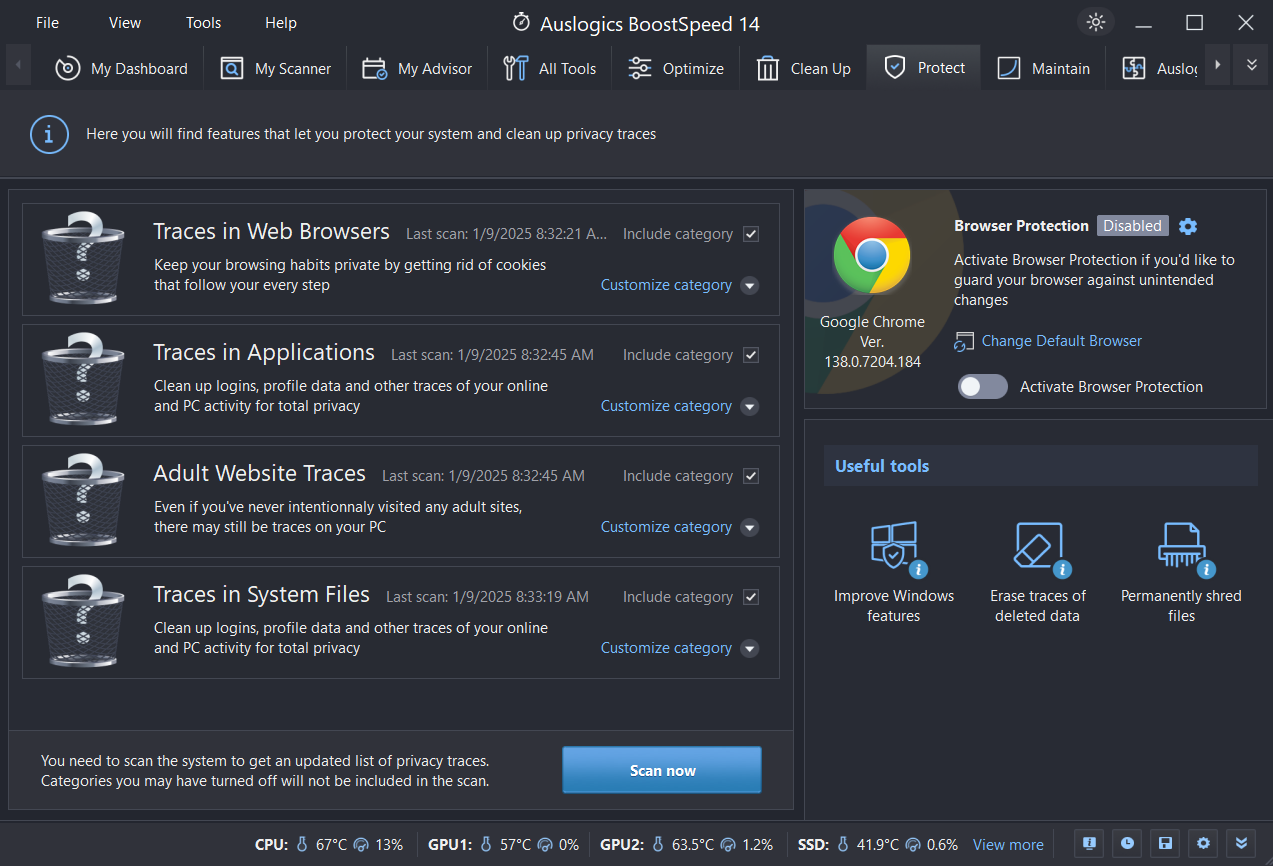 Privacy traces removal Wipes histories and traces across browsers, most-used applications, and Windows itself