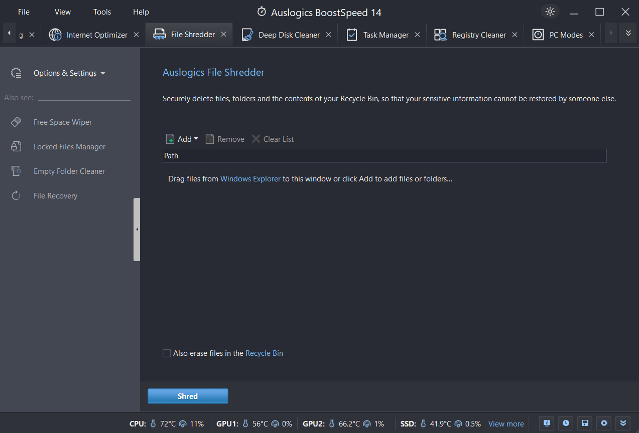 File Shredder Deletes files beyond recovery, ideal for disposing of sensitive documents