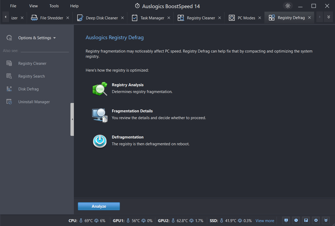 Registry Defrag Compacts and reorganizes your Windows registry hives