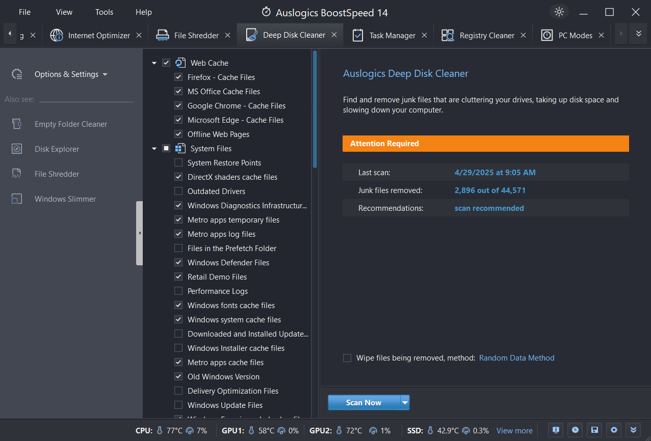 Deep Disk Cleaner scans the most obscure folders and temporary locations for caches, logs, and other residuals