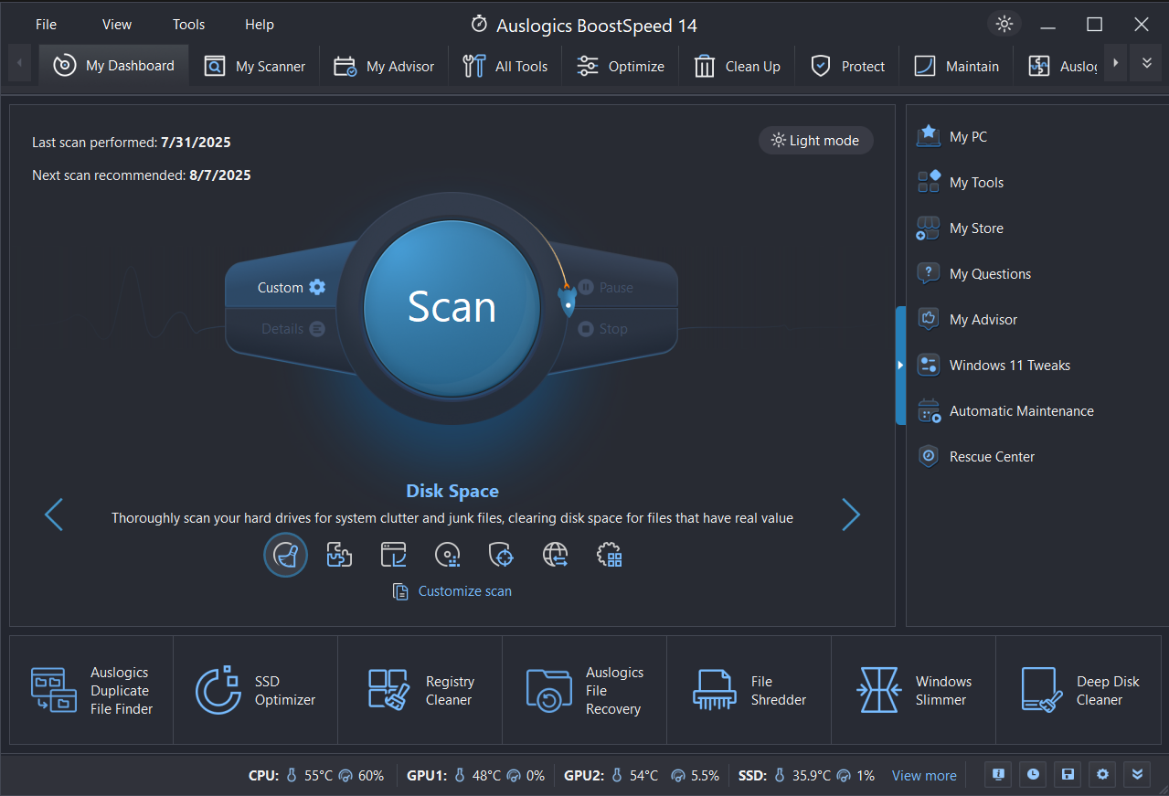 Run BoostSpeed 14 and click the Scan button to start an automated check for junk files, issues, and available tweaks