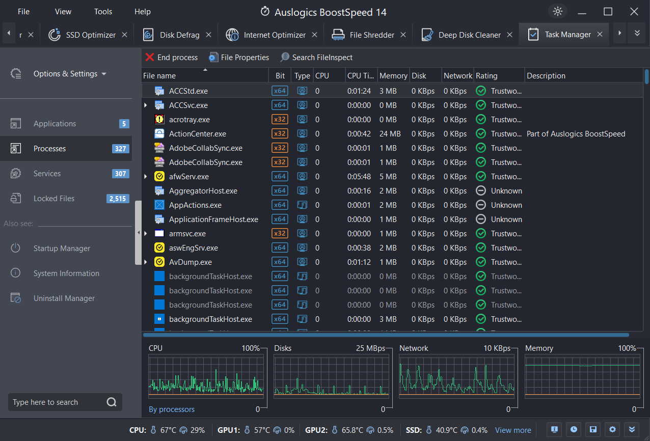 Auslogics BoostSpeed's Task Manager grants you full access to programs, processes, and services