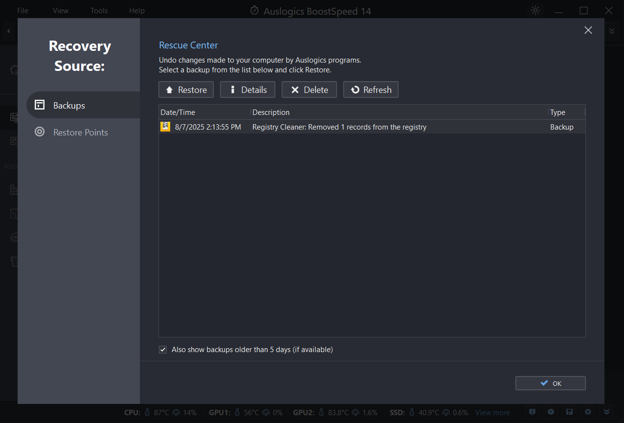 BoostSpeed creates backups after all major changes, from registry modifications to Internet Optimizer tweaks, so you can restore them later from the Rescue Center.