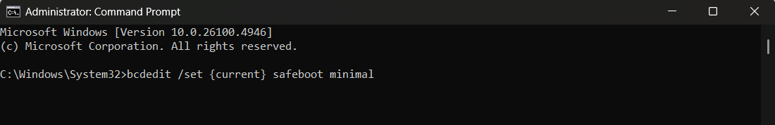 Enable safe boot by running the following command: bcdedit /set {current} safeboot minimal