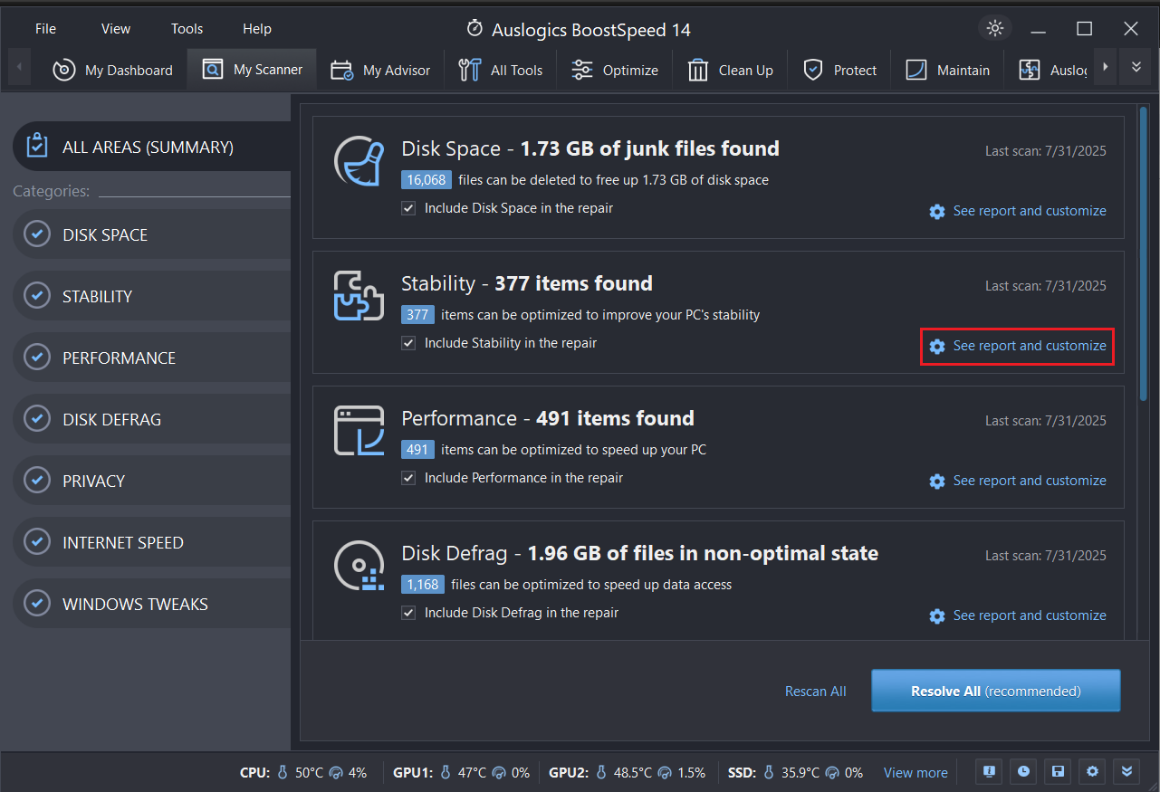 You can also click See report and customize to manually select the fixes or tweaks you want to apply