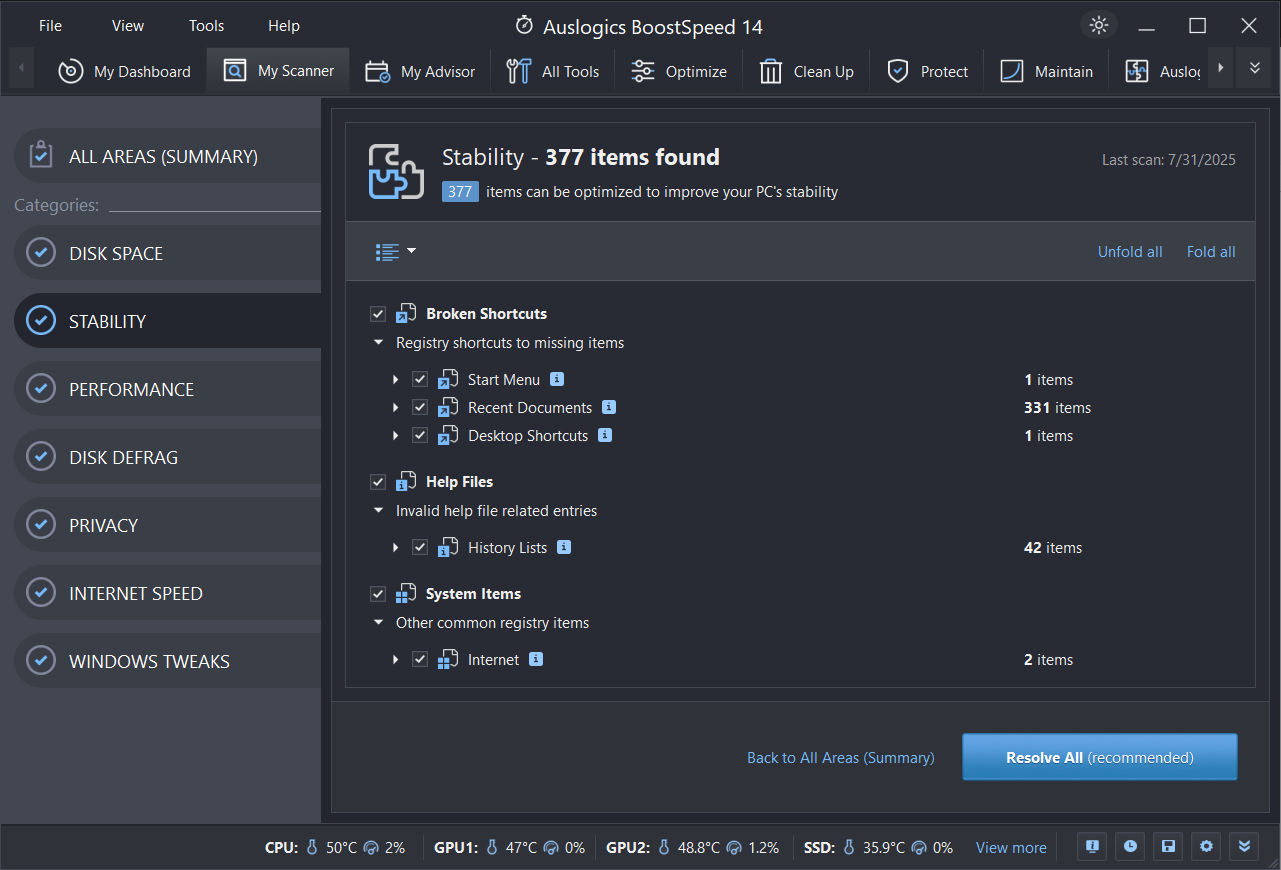 Click Resolve All to fix all items in the chosen category or Resolve Selected to fix only selected items