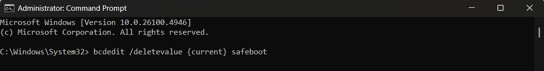 Now open an elevated Command Prompt and remove safe boot: bcdedit /deletevalue {current} safeboot
