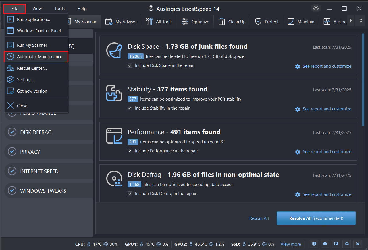 Click File and select Automatic Maintenance