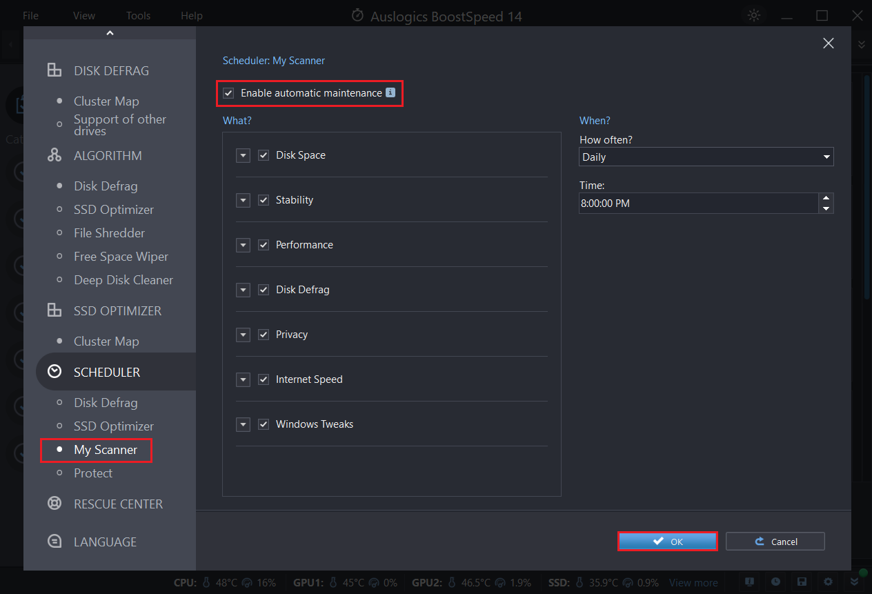 Select My Scanner under Scheduler in the left pane, check Enable automatic maintenance