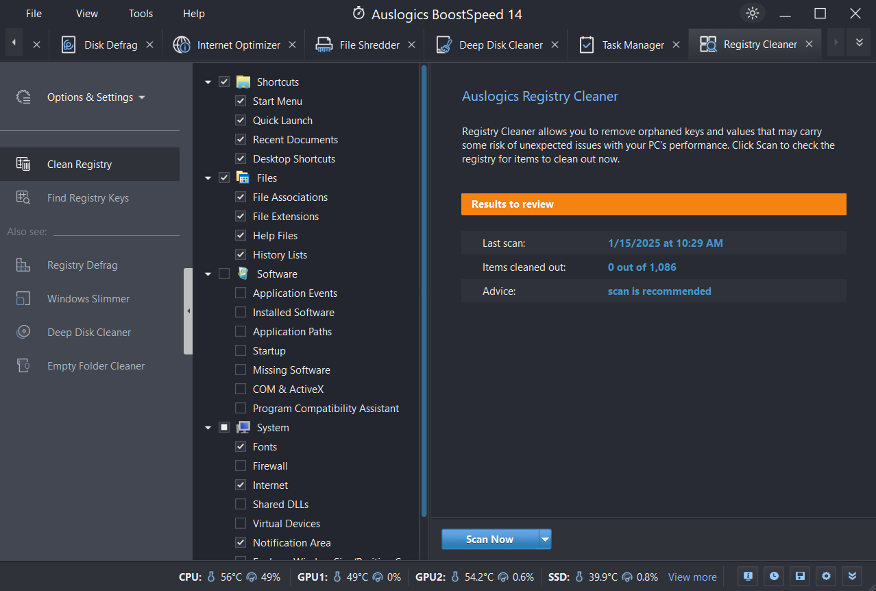 Registry Cleaner Scans your Windows registry for invalid, missing, or obsolete entries and safely repairs them to prevent crashes and error messages