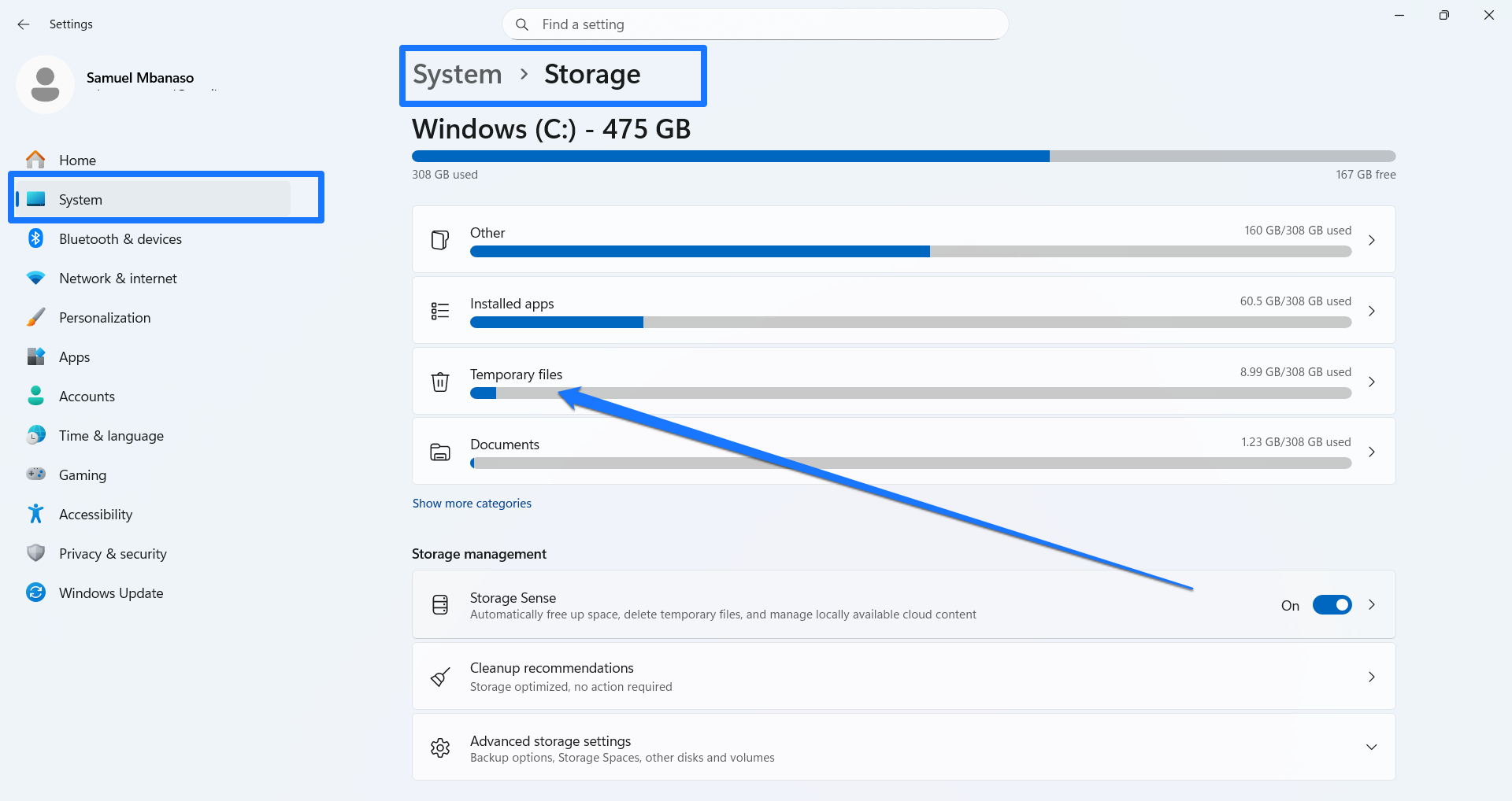 Go to Settings > System > Storage > Temporary files, then select and delete the files you want to remove