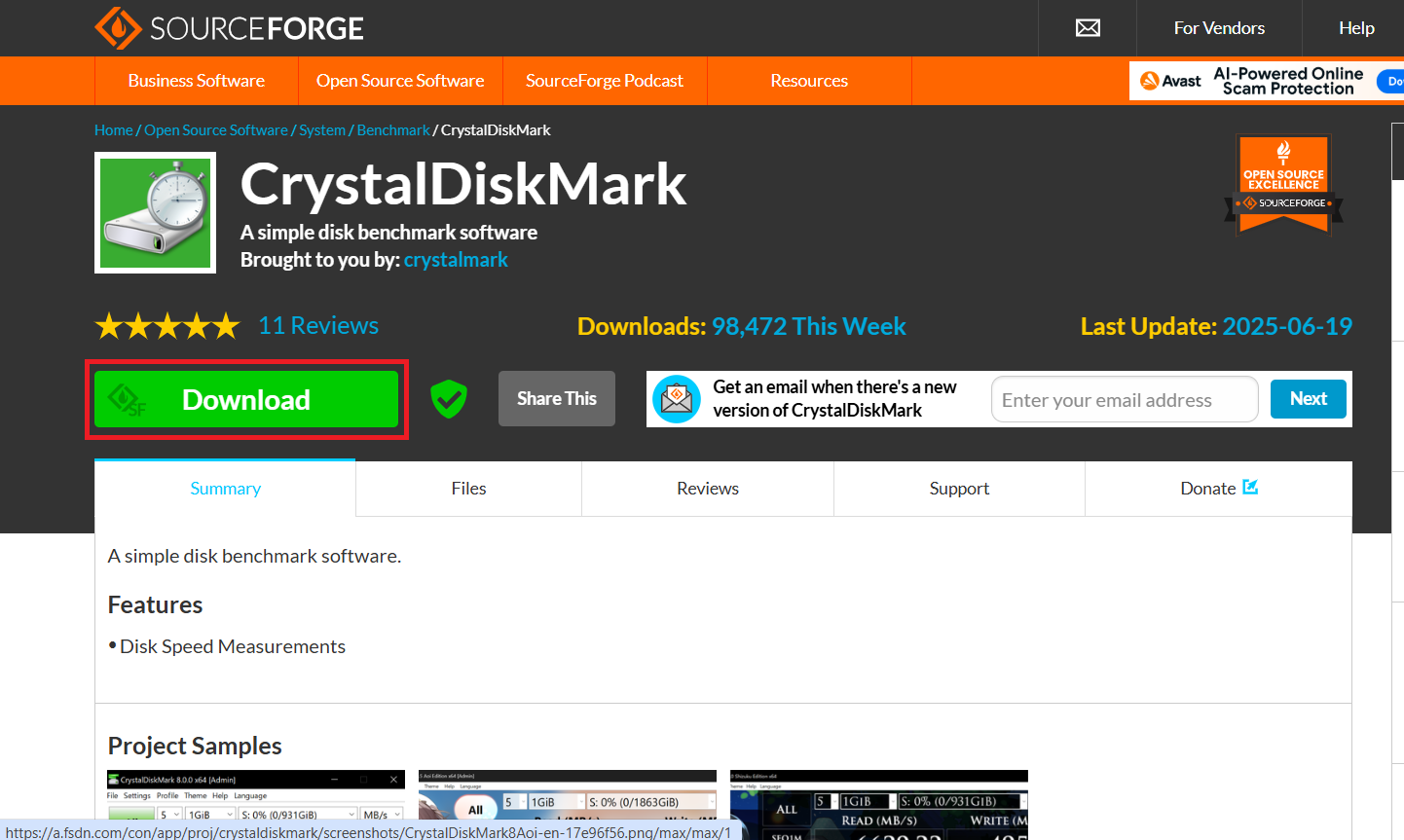 Click the big green Download button to download the CrystalDiskMark zip file