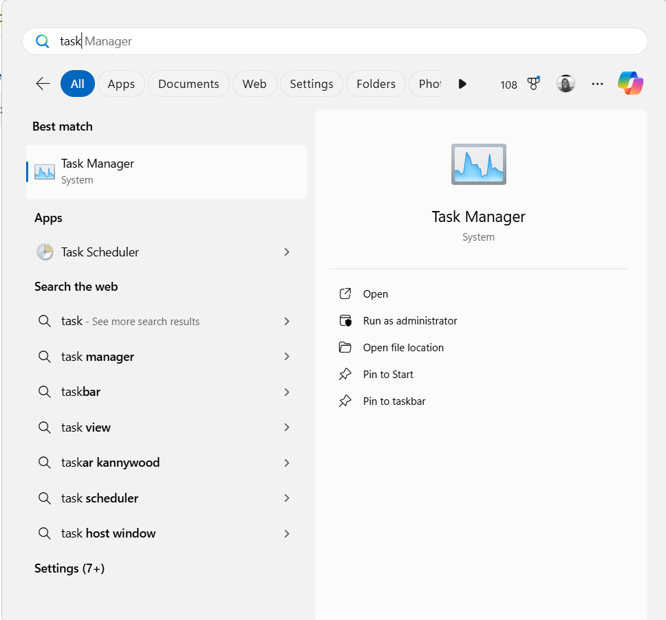 Start typing Task in the search bar, and then click on Task Manager from the search results