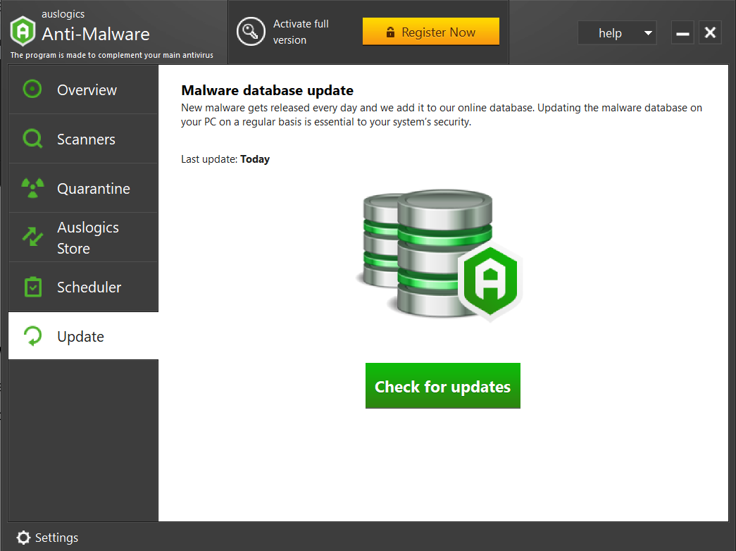 Anti-Malware automatically checks for new malware signatures added to the online database and updates them