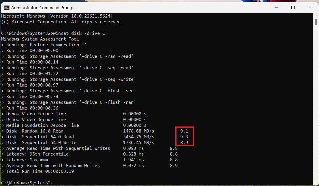 The speed test operation also scores the SSD performance