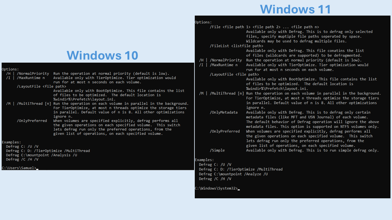 Some of the parameters listed in Windows 11 are missing in Windows 10. Examples include the /File and /Filelist commands