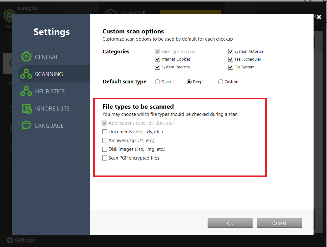  include or exempt certain file types from being scanned