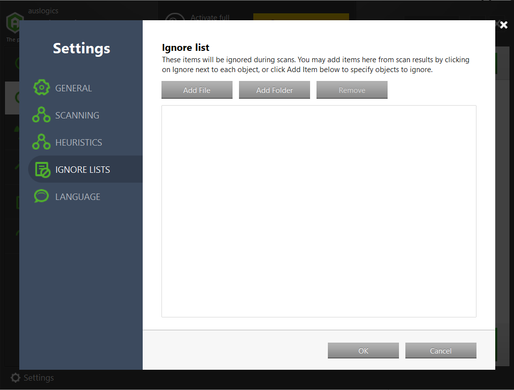 You can add files and folders to the ignore list to keep them from being scanned