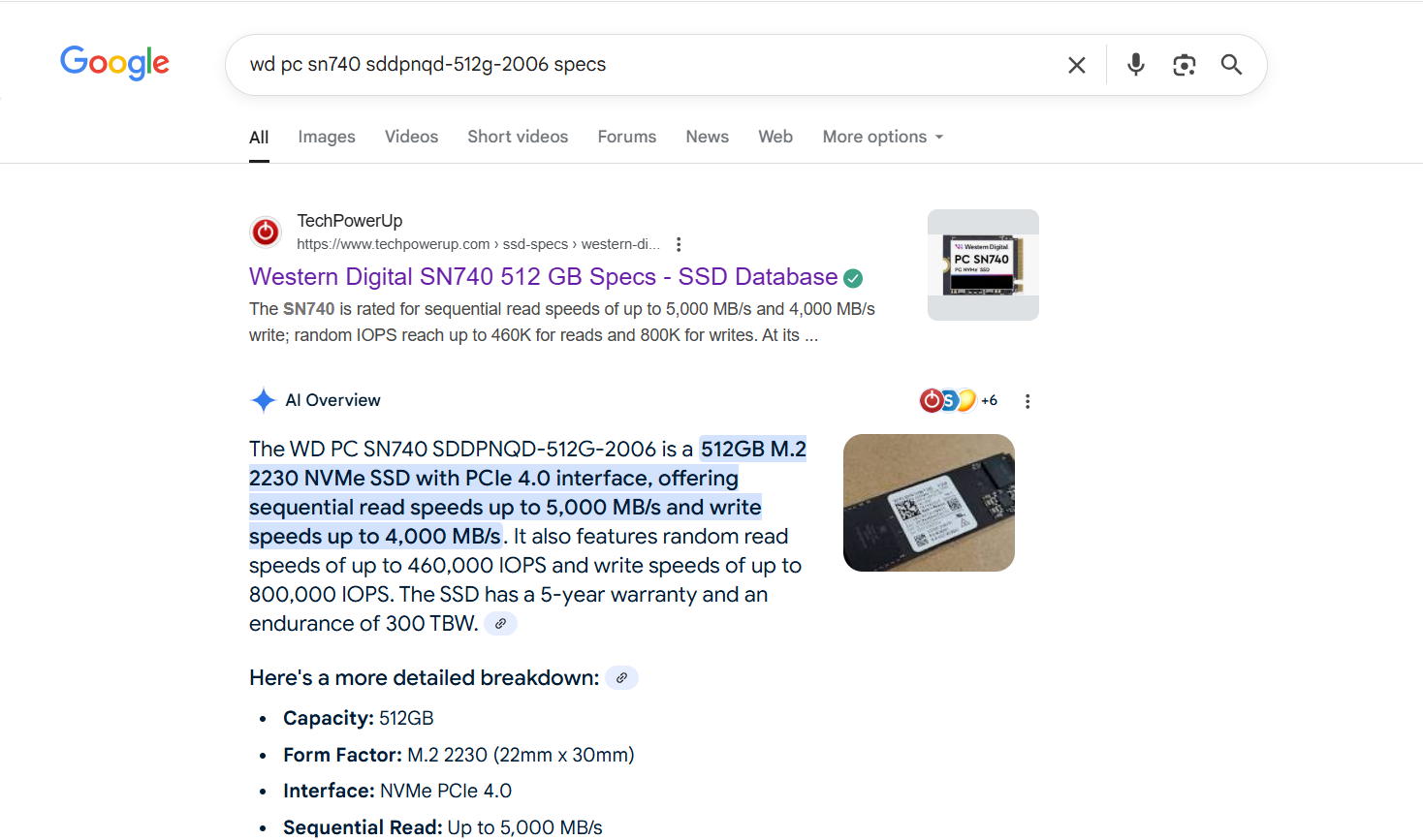Open your browser, type in the SSD name, and run a search to gather detailed information about the drive