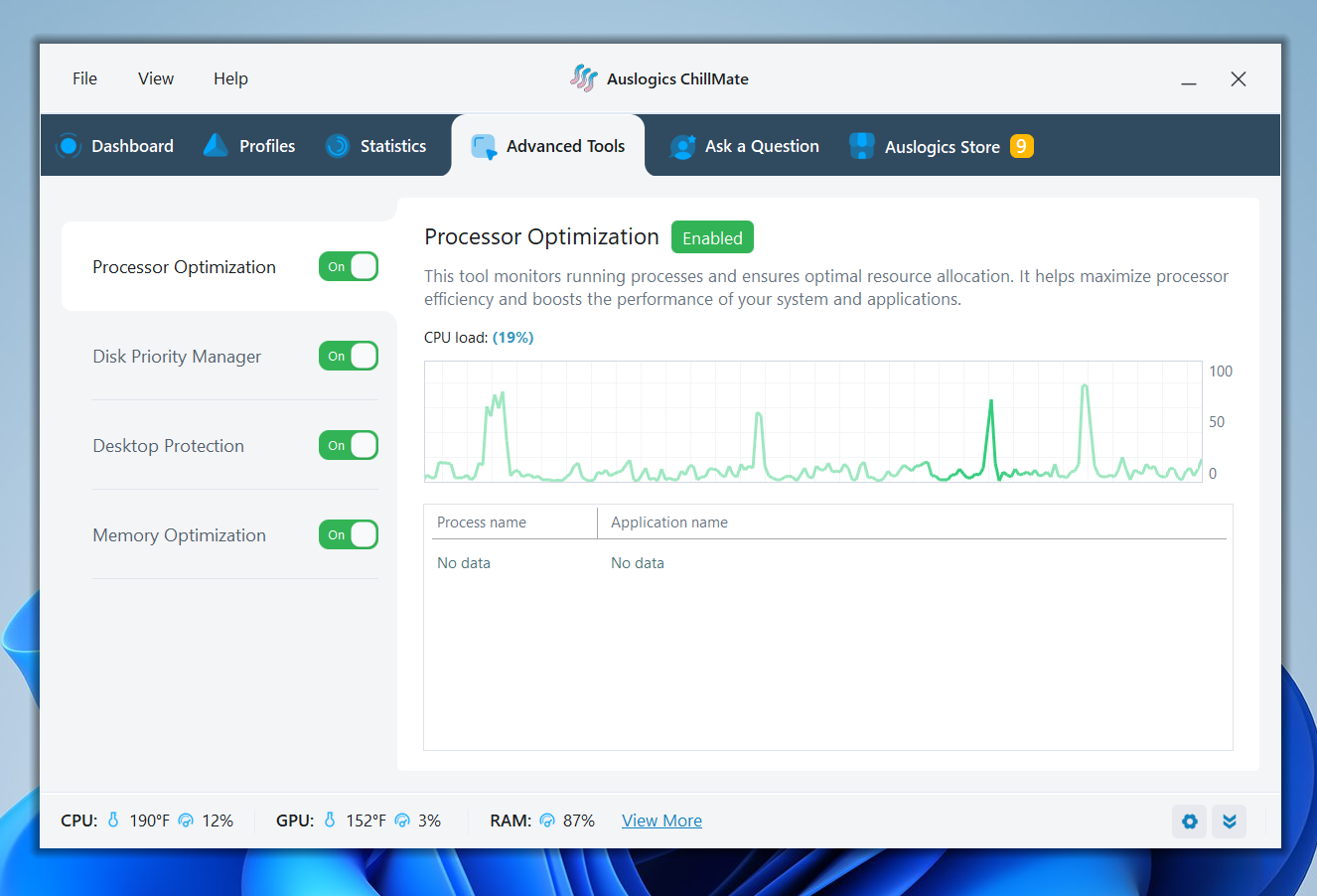 The Advanced Tools tab contains utilities that manage system resources and improve performance
