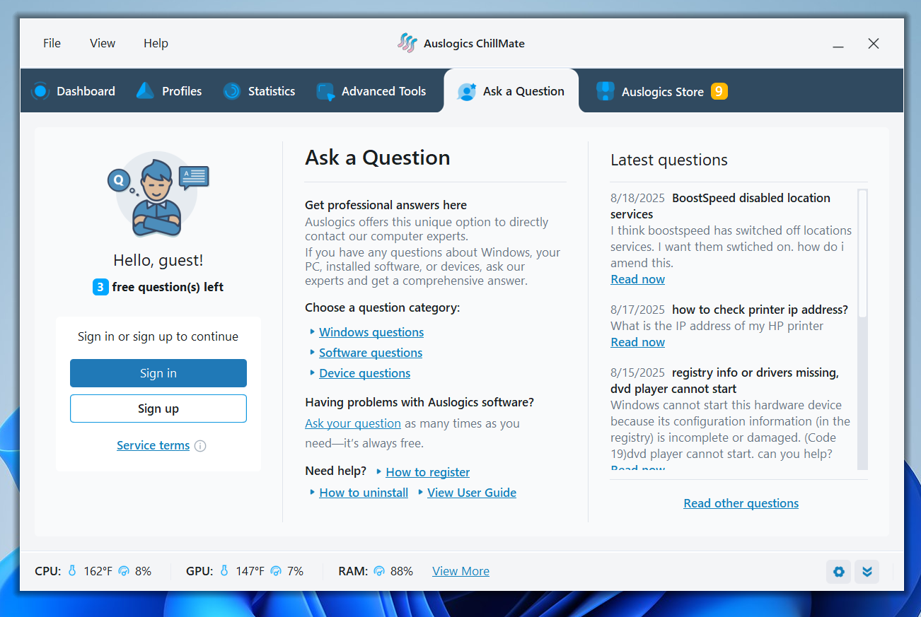 The Ask a Question tab provides users with access to Auslogics experts