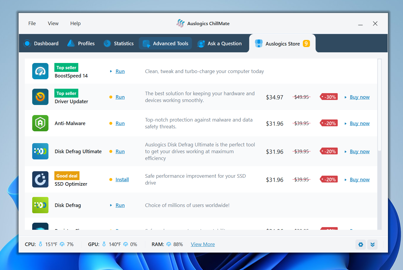 The Auslogics Store tab provides access to the full library of Auslogics products