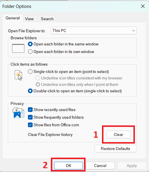  click the Clear button next to the Clear File Explorer history option. Then click the OK button to exit