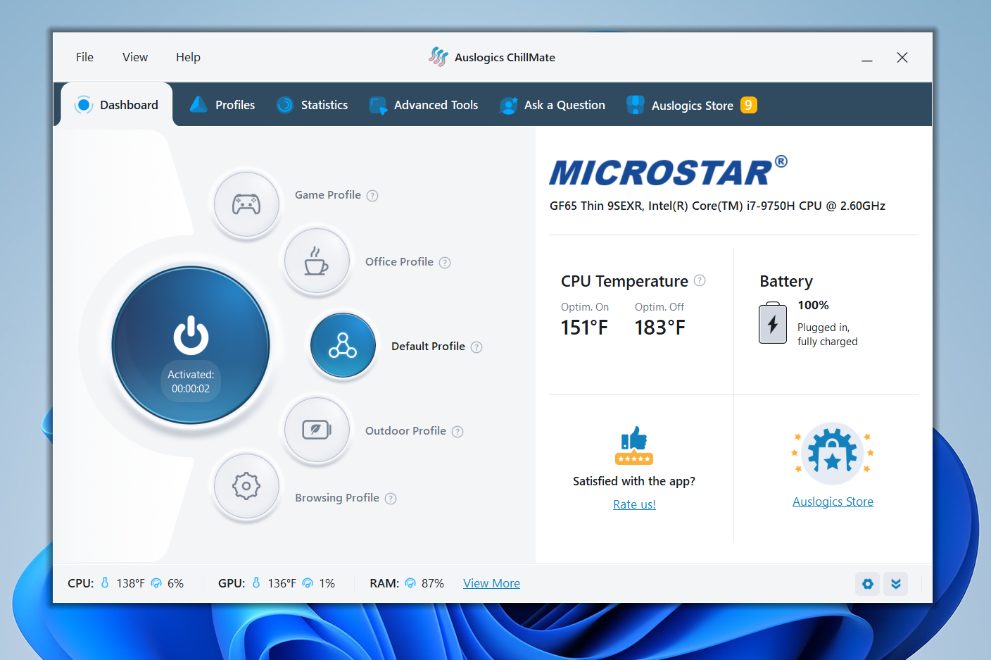 The dashboard is the default home screen, which prominently features clickable profile icons arranged in a horseshoe format around the activation button