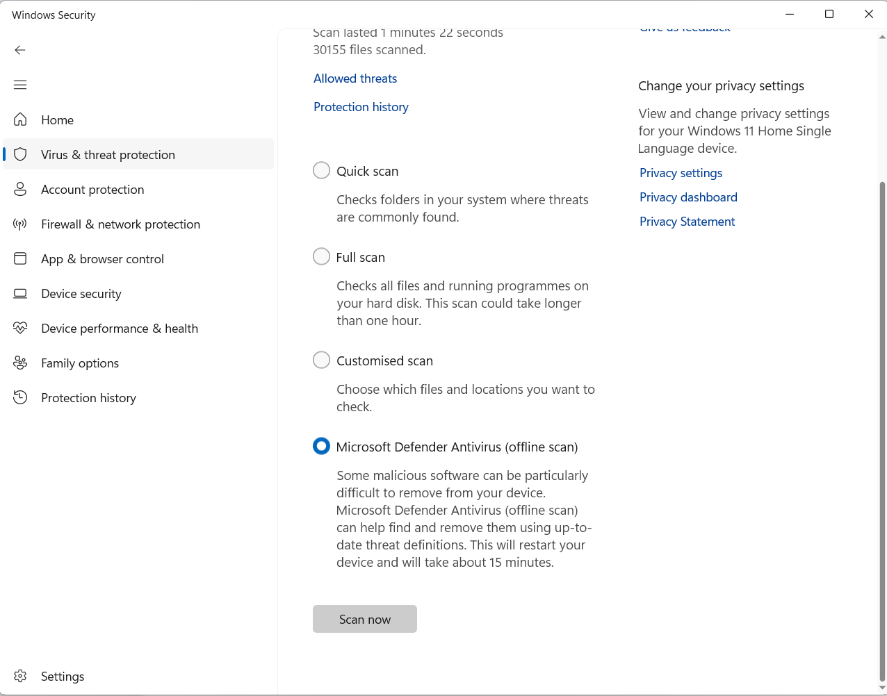 Select Microsoft Defender Antivirus (offline scan) and then click the Scan now button
