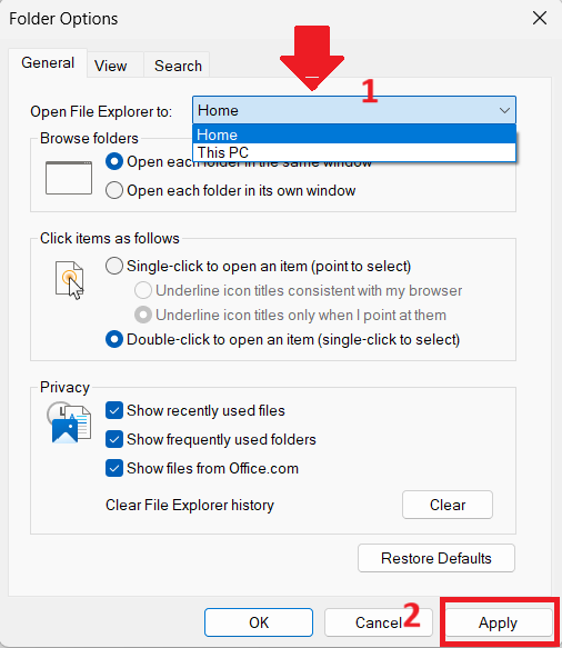On the General tab, click the drop-down menu next to the option that says Open File Explorer to