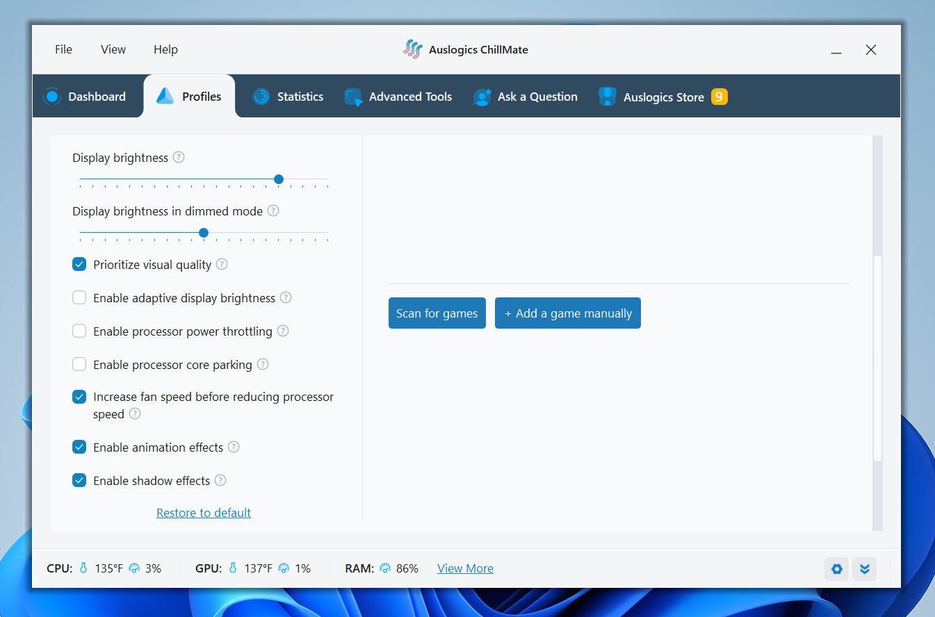 You can toggle any profile on or off from this tab to activate ChillMate